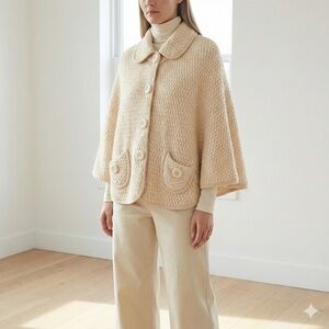 Luisa Spagnoli cream wool knit cape sweater jacket - One size